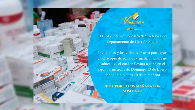 Villanueva invita a acopio de Pañales y Medicamento