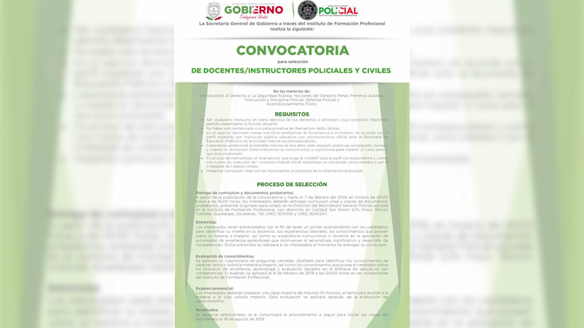 Cierra jueves convocatoria para selección de docentes del nuevo bachillerato policial del estado de Zacatecas