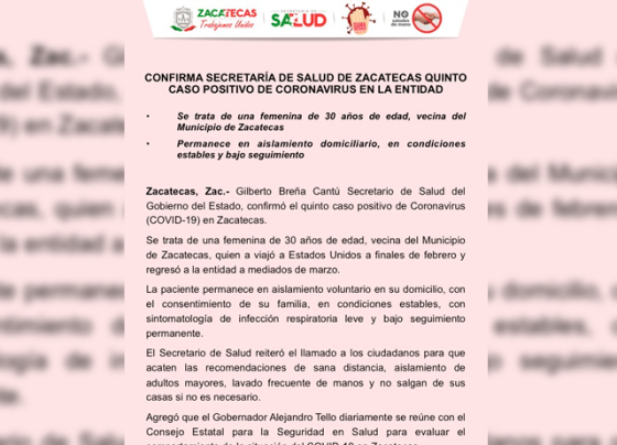Confirma Secretaría de salud de Zacatecas quinto caso positivo de coronavirus en la entidad