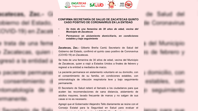 Confirma Secretaría de salud de Zacatecas quinto caso positivo de coronavirus en la entidad