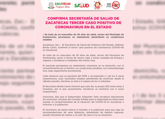 Confirma Secretaría de Salud de Zacatecas tercer caso positivo de Coronavirus en el Estado