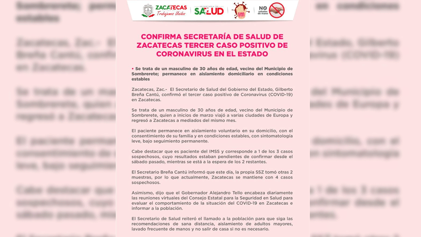 Confirma Secretaría de Salud de Zacatecas tercer caso positivo de Coronavirus en el Estado