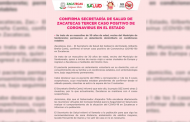 Confirma Secretaría de Salud de Zacatecas tercer caso positivo de Coronavirus en el Estado