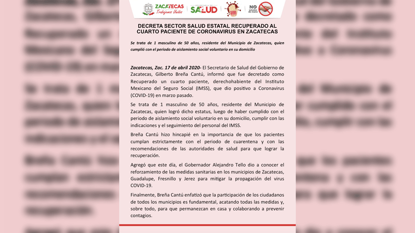 Recuperado cuarto paciente de Coronavirus en Zacatecas.