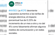 La CFE desmiente supuestos aumentos a las tarifas de energía eléctrica.