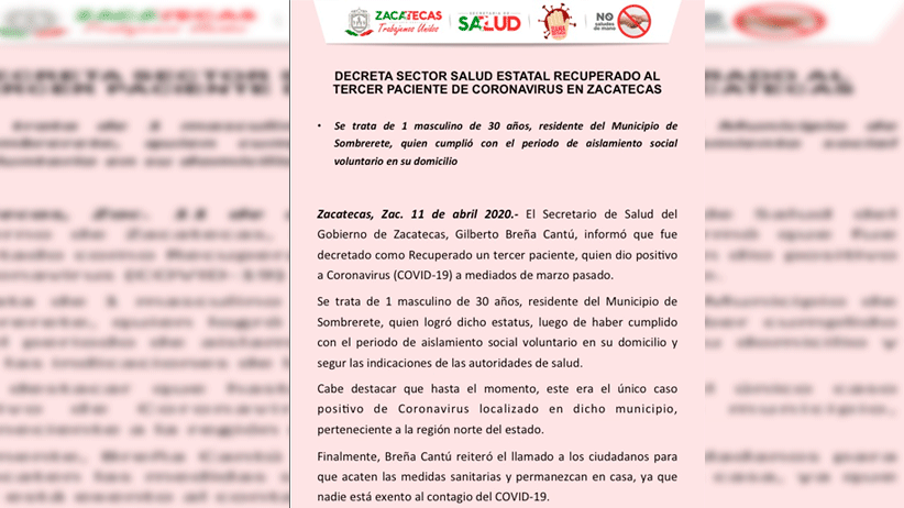 Decreta Sector Salud Estatal recuperado al tercer paciente de Coronavirus en Zacatecas