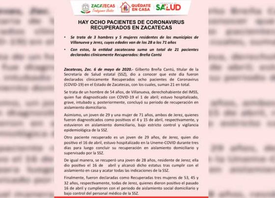 Hay ocho pacientes de coronavirus recuperados en Zacatecas.