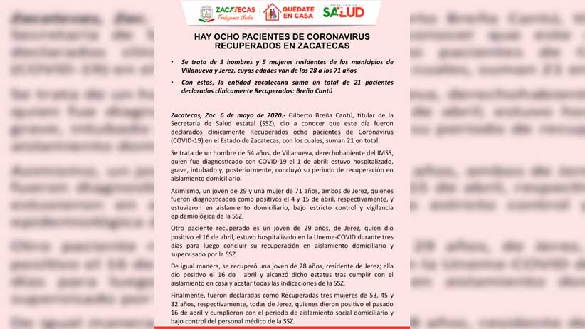 Hay ocho pacientes de coronavirus recuperados en Zacatecas.