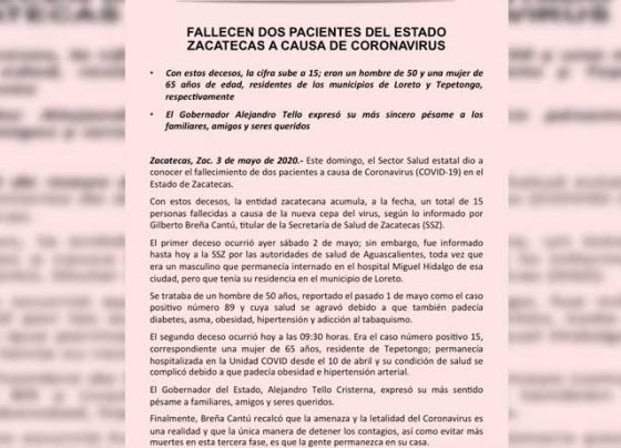 Fallecen dos pacientes del Estado Zacatecas a causa de coronavirus.