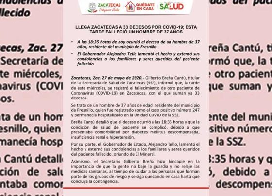 Llega Zacatecas a 33 decesos por COVD-19; esta tarde falleció un hombre de 37 años.