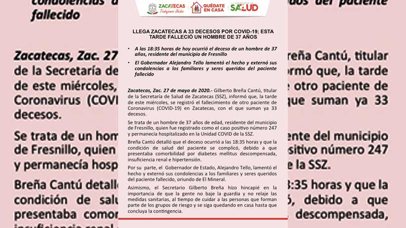 Llega Zacatecas a 33 decesos por COVD-19; esta tarde falleció un hombre de 37 años.
