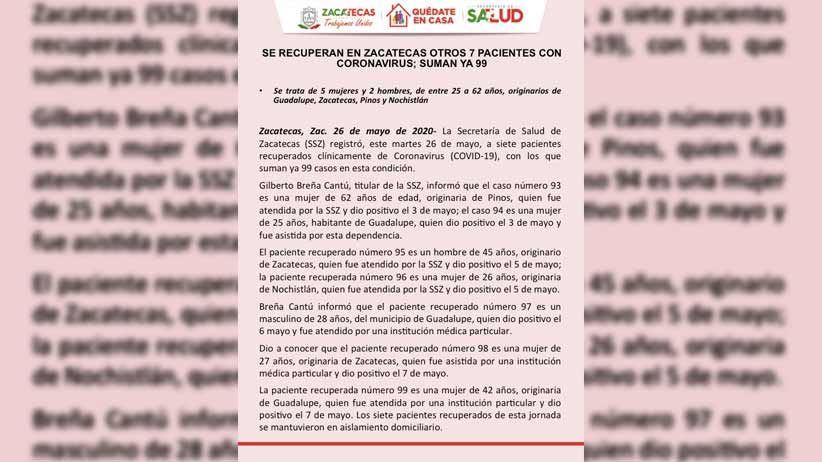 Se recuperan en Zacatecas otros 7 pacientes con Coronavirus; suman ya 99.