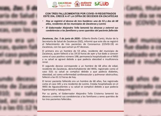 Con tres fallecimientos por COVID-19 registrados este día, crece a 47 la cifra de decesos en Zacatecas