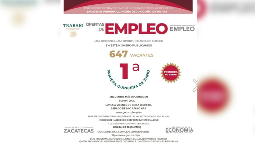 Se ofertan en Zacatecas, Fresnillo y Río Grande 647 vacantes de empleo