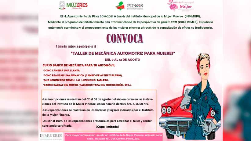 INMMUPI invita a las mujeres pinenses al Taller de mecánica automotriz