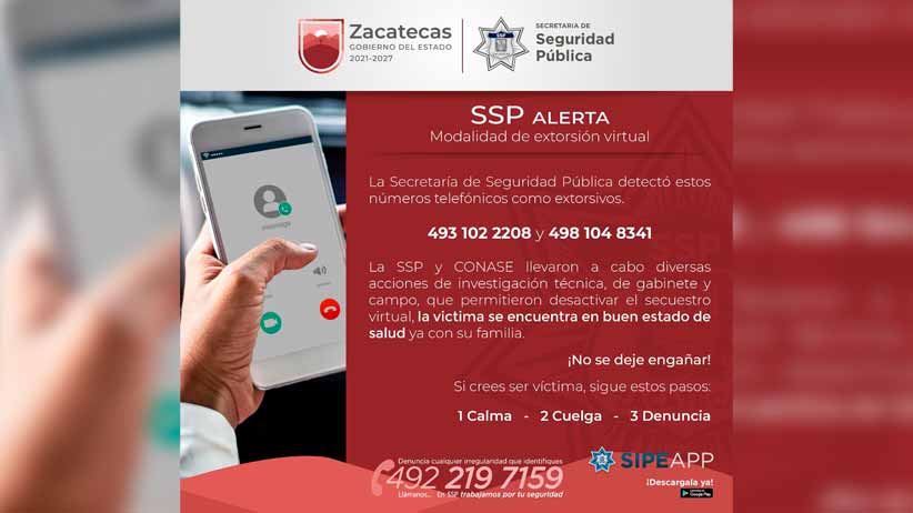 Con trabajo coordinado, SSP y Conase desactivaron un secuestro virtual en Zacatecas