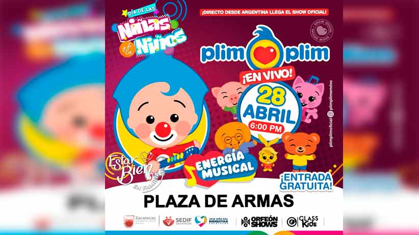 Invita Gobierno de Zacatecas al show oficial del Payaso Plim Plim para festejar el Día de la Niña y el Niño