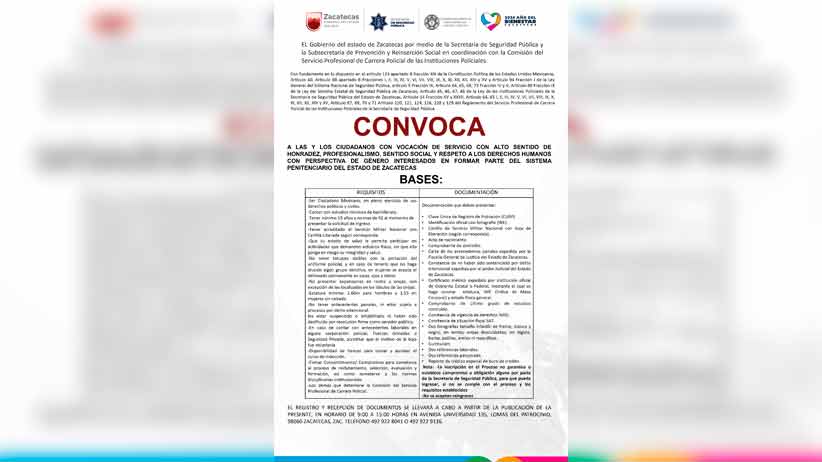 Convoca Gobierno de Zacatecas a integrarse al Sistema Penitenciario Estatal