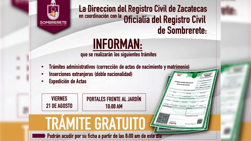 Apoyara Ramiro Hinojoza a sombreretenses con trámites gratuitos del Registro Civil.