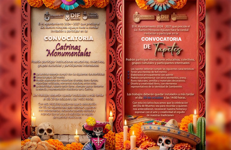 Sombrerete invita a participar en las convocatorias de Catrinas Monumentales y Tapetes por el Festival de Día de Muertos