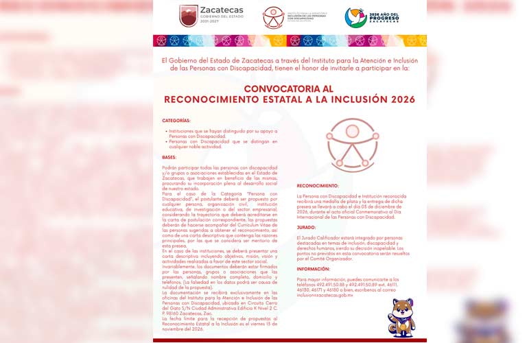 Presenta Gobierno de Zacatecas Convocatoria al Reconocimiento Estatal a la Inclusión 2026